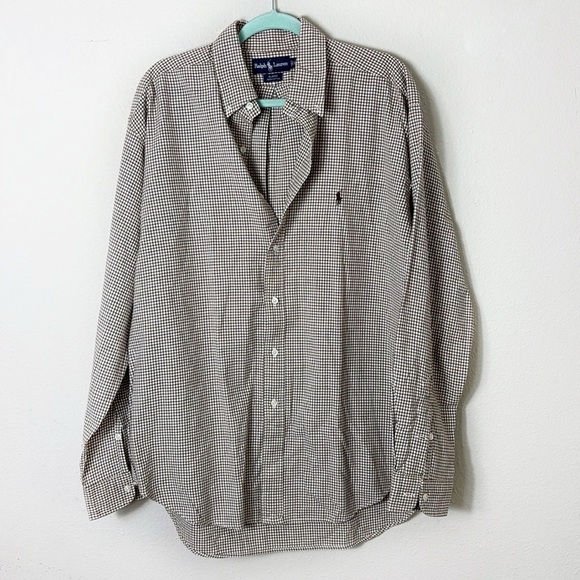Ralph Lauren Blaire 100% Cotton Gingham Brown White Button Down Shirt size L - Picture 1 of 9